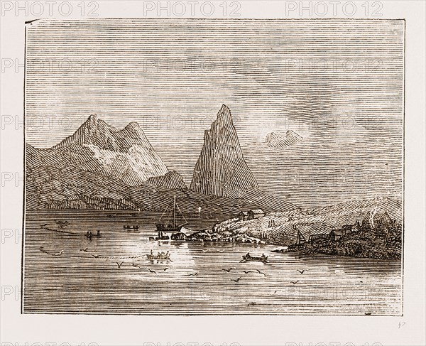 FISKEBOLTINDEN-FISHING STATION IN THE LAFATER ISLANDS, Norway engraving 1873