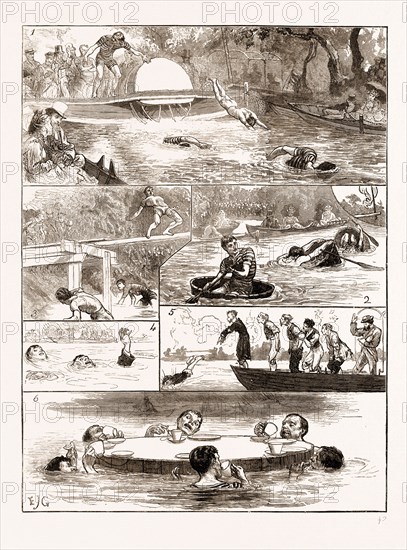 The London swimming club contest at the Crystal Palace, London UK 1873, 4. BEST MEANS OF SAVING- LIFE 5. SWIMMING IN CLOTHES