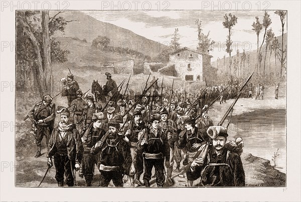 REPUBLICAN VOLUNTEERS IN PURSUIT OF CARLISTS IN THE CATALONIAN MOUNTAIN, SPAIN 1873