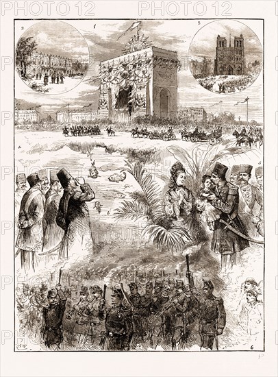 THE SHAH OF PERSIA (IRAN) IN PARIS FRANCE 1873, I. ARRIVAL OF THE SHAH THE PLACE DE L'ETOILE-2. THE PETIT-BOURBON PALACE, RESIDENCE OF THE SHAH-3. THE SHAH VISITING NOTRE DAME-4. THE SHAH VISITING THE AQUARIUM OF THE ACCLIMATISATION GARDENS-5. AT THE ACCLIMATISATION GARDENS THE SHAH AND THE LITTLE GIRL-6. THE TORCHLIGHT PROCESSION