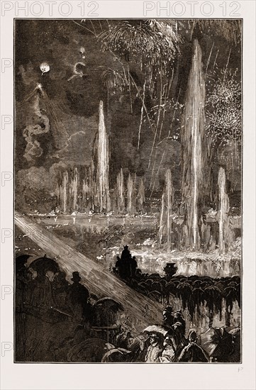 THE SHAH OF PERSIA (IRAN) AT THE CRYSTAL PALACE LONDON UK 1873, THE FOUNTAINS ILLUMINATED AND FIREWORKS