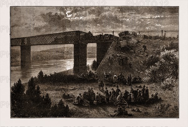 FRIDGE OF VIANA, OVER THE DOURO-SCENE OF THE LATE RAILWAY ACCIDENT, SPAIN, ENGRAVING 1873