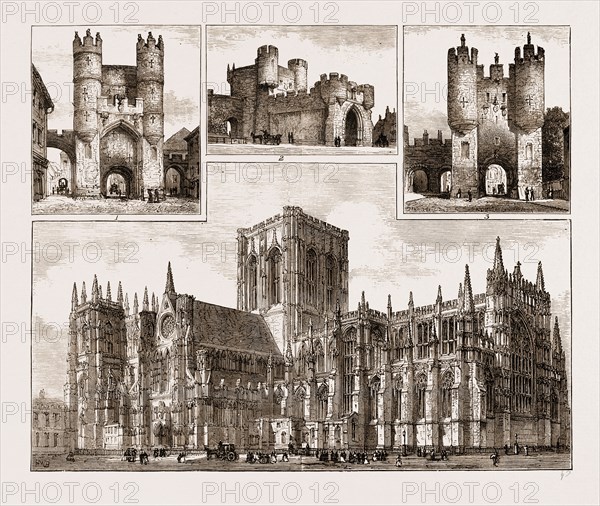 York UK 1873, I. Monk Bar. 2. Walm Gate. 3. Micklegate Bar. 4. York Minster. 5. Clifford's Tower 6. St. Mary's Abbey.-7. Philosophical Gardens.