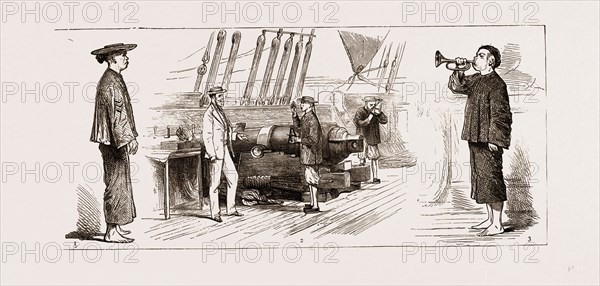 REORGANISING THE CHINESE NAVY, ON BOARD THE TRAINING SHIP "KEIN-WEI", 1875: 1. "Jing Kee," a Quartermaster. 2. "Make it so," Officer of Watch reporting Eight Bells to the Captain.
