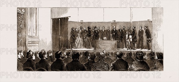 ANNUAL MEETING OF THE GOLDEN LANE COSTERMONGERS' MISSION: THE HON, SECRETARY PRESENTING A DONKEY TO THE EARL OF SHAFTESBURY, 1875