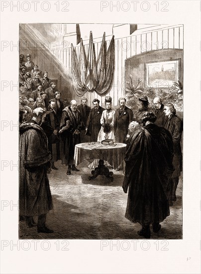 OPENING OF THE NEW MERCHANT TAYLORS' SCHOOLS BY THE PRINCE AND PRINCESS OF WALES, 1875: THE ARCHBISHOP OF CANTERBURY OFFERING UP A PRAYER
