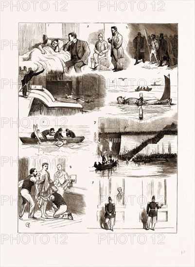 CAPTAIN BOYTON'S TRIP ACROSS THE CHANNEL: 1. A Rest before Starting. 2. Getting Temperature. 3, On the Way'to the Pier. 4. "He's Off." 5. Getting Temperature at Sea. 6. Breakfast. 7. Arrival at Boulogne. 8. An International Rub Down. 9. Boulogne, Keeping the Mob off at the Hotel Christol, 1875