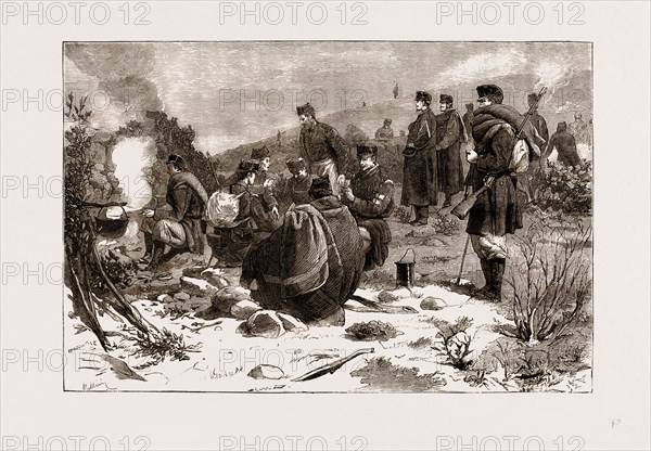 THE CIVIL WAR IN SPAIN, 1875: ALPHONSIST TROOPS AT DINNER IN THE CAMP ON MOUNT ESQUINZA