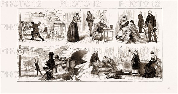 THE TICHBORNE CASE IN PARIS, FRANCE, 1875, SCENES FROM "L'AFFAIRE COVERLEY" AT THE THEATRE DE L'AMBIGU COMIQUE: 1. Act II. On Board the "Bella" Arthur Gordon Murders Sir Roger Coverley. 2. Act III. At the Diggingsâ€îRoger's Wife Accuses Him of His Intention to Desert Her. 3. Act IV. Arrival of Ned Gordon with Arthur Gordon's Wife and Child at Mrs. Gordon's Lodgings. 4. Act V. Death of Ned Gordon. 5. Act VI. Death of Arthur Gordon.