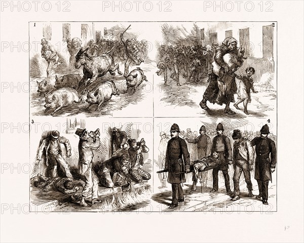 INCIDENTS AT THE GREAT FIRE IN DUBLIN, IRELAND; 1875: 1. Some of the Fugitives. 2. Rescue of the Rent Payer. 3. The Whiskey Stream. 4. A Victim to Alcohol