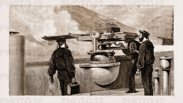 OUR MEDITERRANEAN FLEET: PRACTICE WITH THE NORDENFELDT GUN ON BOARD H.M.S. "MONARCH", 1881