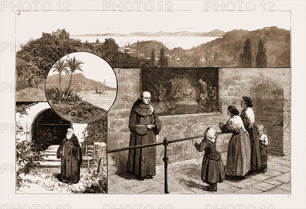 THE RIVIERA, 1881: 1. View of Nice from the Montee de Cimies. 2. Roccabruna, from the Gardens of Monte Carlo, Monaco. 3. A Christmas Scene in the Church at Cimies. 4. One of the Natives.