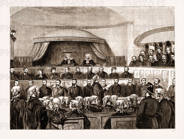 THE STATE TRIALS IN IRELAND: SCENE IN THE DUBLIN QUEEN'S BENCH DIVISION DURING THE DELIVERY OF THE ATTORNEY-GENERAL'S ADDRESS, 1881: Mr. Justice Fitzgerald (Presiding) Mr. Justice Barry, The Jury
