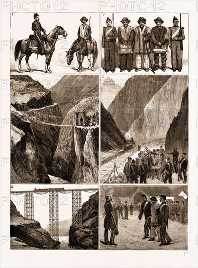 THE WAR IN SOUTH AMERICA, RECRUITING FOR THE PERUVIAN ARMY IN THE CORDILLERA, 1881: 1. The Raw Material and the Finished Article : Cavalry. 2. Returning to Lima: Crossing an Indian Bridge. 3. Crossing the Verrugas Viaduct, 24o feet high. 4. The Raw Material and the Finished Article: Infantry. 5. Waiting for the Train at Tambo de Viso, 10,000 feet above the Sea. 6. Bringing in Recruits at Viso.