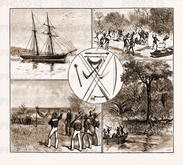 THE MASSACRE OF LIEUT. BOWER AND FIVE SEAMEN OF H.M.S. "SANDFLY" IN THE SOLOMON ISLANDS, 1881: 1. H.M. Schooner Sandfly in Port Jackson. 2. The Attack on Lieut. Bower and the Boat's Crew. 3. Finding the Bodies of Venton, Carne, and Paterson. 4. The Natives Discovering Lieut. Bower in a Tree. 5. Native Weapons.
