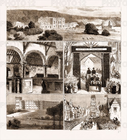 THE PRINCE AND PRINCESS OF WALES IN THE MIDLANDS, UK, 1881: 2. Normanton Park. 3. Oakharn Castle, The Oakham Horseshoes. 4. The Drive through Empingham. 5. Grimsthorpe Castle, Lincolnshire. 6. At the Town Hall, Stamford.