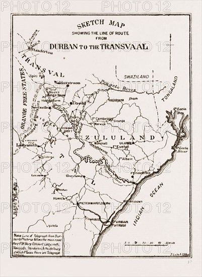 SKETCH MAP SHOWING THE ROAD FROM DURBAN TO THE TRANSVAAL, SOUTH AFRICA, 1881