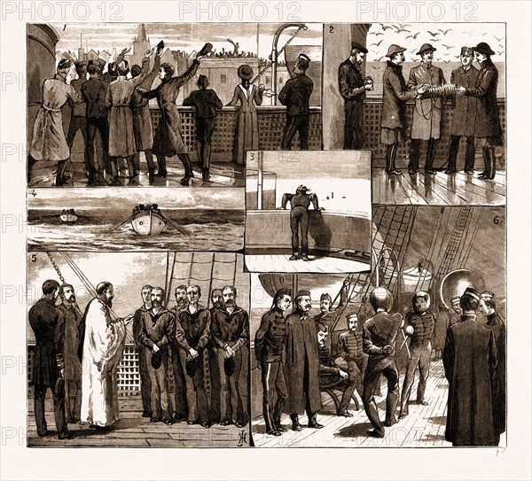 THE REINFORCEMENTS FOR THE TRANSVAAL, SOUTH AFRICA, 1881, NOTES ON BOARD A TROOP SHIP: 1. Leaving Portsmouth Harbour. 2. Winding in the Log. 3. Man Overboard. 4. To the Rescue. 5. Daily Prayers. 6. Fair Weather Amusement.