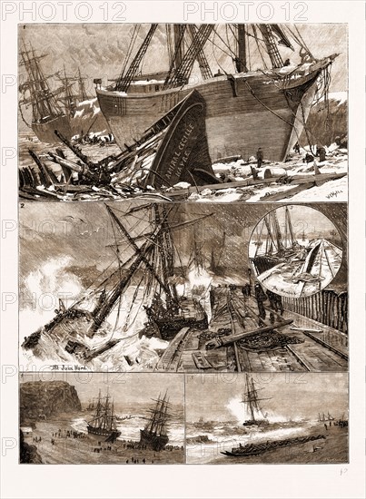 THE GREAT SNOWSTORM AND GALE, WRECKS ON THE COAST, UK, 1881: 1. Vessels Ashore at Lavernock Point, near Cardiff, after the Gale of January 13th. 2. The John Ward and the Lucknow on Ryde Pier. 3. The Havelock on Ryde Pier. 4. Penarth Beach from the "Look Out" after the Gale. 5. Yarmouth Beach: the Guiding Star and other Vessels off Yarmouth.