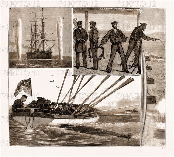 WITH THE MEDITERRANEAN FLEET, H.M.S. "MONARCH" AT GUN COTTON AND TORPEDO PRACTICE, 1881: 1. Advancing with Gun-Cotton Charges. 2. Throwing "Hand-charges" of Gun-Cotton. 3. A "Friendly" Torpedo.