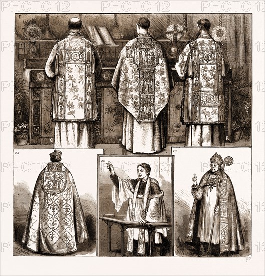ADVANCED RITUAL IN THE CHURCH OF ENGLAND, UK, 1881: 1. THE PROSCRIBED VESTMENTS: A, The Chasuble; B, The Dalmatic; C, The Tunicle. 2. THE PRESCRIBED VESTMENTS: A, Priest in Cope and Biretta; B, Priest in Surplice, Hood, and Stole; C, Bishop in Full Canonicals.
