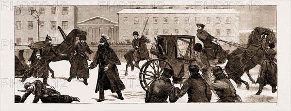 THE ASSASSINATION OF THE LATE CZAR ALEXANDER II. OF RUSSIA, SCENE OF THE EXPLOSIONS BESIDE THE CATHERINE CANAL, 1881: AFTER THE EXPLOSION OF THE FIRST BOMB