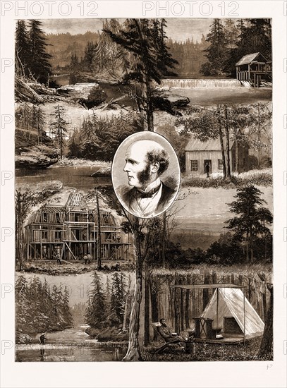 THE NEW SETTLEMENT OF RUGBY, TENNESSEE, U.S.A., U.S., US, USA, UNITED STATES, UNITED STATES OF AMERICA, AMERICA, 1881: 1, 3. Views on "White Oak" Stream. 2. Buck's Mill and Bathing Pool. 4. Frame House (The Asylum). 5. "The Tabard" Inn. 6. Ordinary Forest Land. 7. Ford on "Clear Fork" Stream. 8. A Settler's First Home. 9. Thomas Hughes, Esq., Q.C.