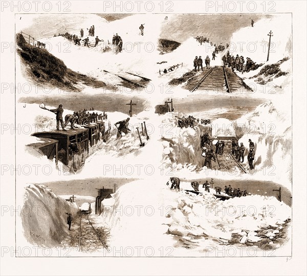 THE RECENT GREAT SNOW STORM IN SCOTLAND, SCENES ON THE HIGHLAND RAILWAY, UK, 1881: 1. Finding the Buried Train. 2. Searching for the Lost Relief Train. 3. The Platform at Dava Station. 4. Dava Station, End of the Buried Train. 5. Deep Snow in Cutting near Dava. 6. Digging out the Train of Dead Cattle.