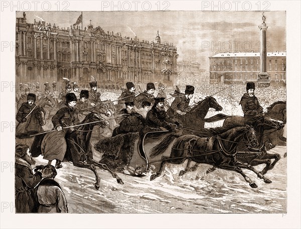 THE ASSASSINATION OF THE LATE CZAR ALEXANDER II. OF RUSSIA: THE NEW CZAR, ALEXANDER III., WITH THE CZARINA, LEAVING THE WINTER PALACE AFTER HIS FATHER'S DEATH, 1881