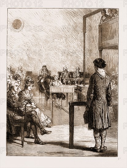REMINISCENCES OF OLD BOW STREET POLICE COURT, LONDON, UK, 1881: SIR JOHN FIELDING, THE BLIND MAGISTRATE, PRESIDING IN THE COURT
