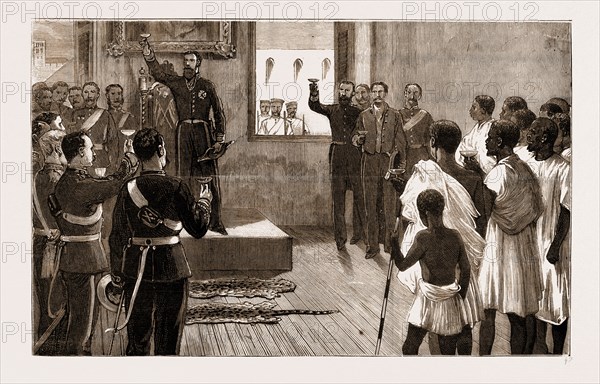 THE THREATENED ASHANTEE WAR: PALAVER WITH NATIVE AMBASSADORS AT ELMINA CASTLE, MARCH 6, 1881, DRINKING THE QUEEN'S HEALTH