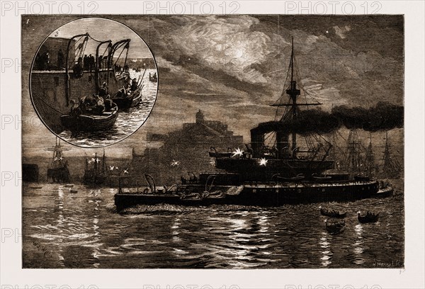 THE RECENT EARTHQUAKES AT SCIO: 1. H.M.S. "Thunderer" Leaving the Harbour at Malta for Scio. 2. H.M.S. "Thunderer" Embarking Stores at Malta for the Relief of the Sufferers. 1881