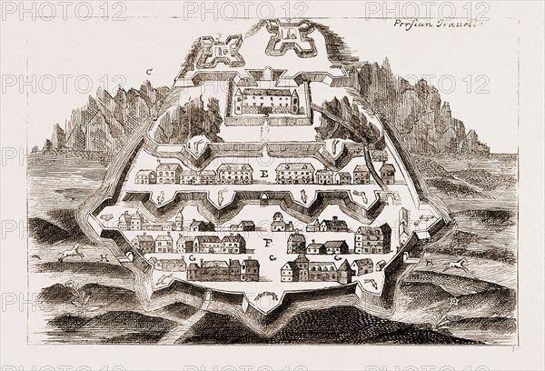 THE PLATFORM OF THE FAMOUS FORTRESS OF KANDAHAR, AFGHANISTAN, WHICH IS THE BEST PLACE IN ALL ASIA, 1881: A. The Principal Citadel. B. Another Citadel. C. The Mountain that reach'd to the next Citadel, which Sha Sefi cut away after he took the City. D. The Governour's House. E. The Lodgings for the Officers and Soldiers