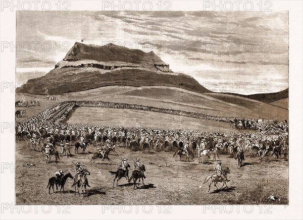 THE NEGOTIATIONS IN THE TRANSVAAL, SOUTH AFRICA, ASSEMBLY OF BOERS PREVIOUS TO THE EVACUATION OF LAING'S NEK, MARCH 24, 1881: A. General Joubert's Tent. B. Way by which the Boers Ascended to Attack the British, Feb. 27. C. Majuba Hill.