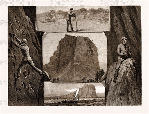 AN ASCENT OF THE MORNE BRABANTE, MAURITIUS, 1881: 1. Distant View of the Mountain from the Sea. 2. Nearer View of the Mountain. 3. Climbing the Precipice. 4. On the Saddle. 5. Stake left on the Summit by the Climber Eighteen Months before.