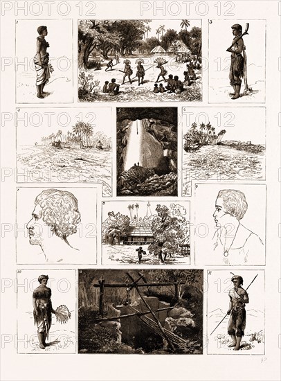 SKETCHES IN FIJI, AND IN THE ISLAND OF ROTUMAH, 1881: 1. A Fijian Girl. 2. A War Dance before the Deputy Commissioner. 3. Fijian with Club and Train of Native Cloth. 4. Village of Noatau, Looking South. 5. Interior of Mamfiri Cave, the Crater of an Extinct Volcano. 6. Rocky Point, with Native Graves at Noatau. 7. Alipati Vaniha, Chief of the District of Ituteu. 8. Wesleyan Mission House at Noatau. 9. Mereseini, the Daughter of a Rotumah Chief. 10. A Fijian Chief's Daughter. 11. A Fiji Islander in War Costume. 12. Entrance to Mamfiri Cave.