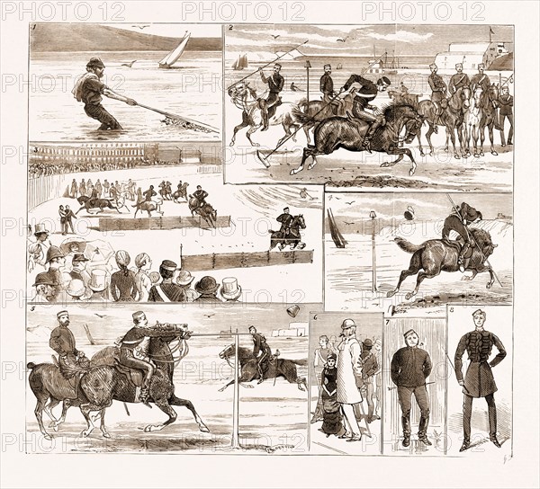 THE YEOMANRY WEEK AT WEYMOUTH, UK, 1881: 1. Business Before Pleasure: A Toiler of the Sea. 2. Tent-Pegging: "A Take," He knows the Way to do it. 3. From a Balcony: Preliminary Warming for the Hurdles' Horse Prize. 4. Almost. 5. Post Practice.-6. A Critic. 7. "Wonder if this Rain's on My Land." 8. The Orthodox Swagger.