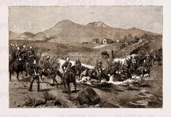 THE REVOLT IN THE TRANSVAAL, SOUTH AFRICA, 1881: MAJOR BARROW'S MOUNTED INFANTRY CROSSING THE INGOGO DRIFT