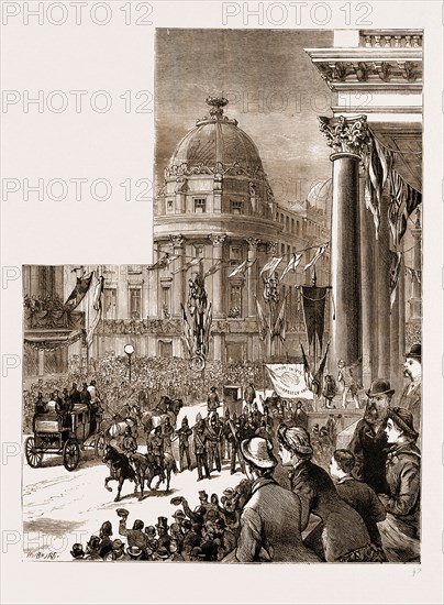 THE STEPHENSON CENTENARY CELEBRATION AT NEWCASTLE-ON-TYNE: PROCESSION IN GREY STREET, NEWCASTLE, UK, 1881