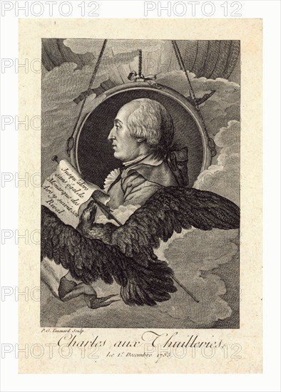 Head-and-shoulders profile portrait of French balloonist J.A.C. Charles, who made the first flight in a hydrogen balloon, Dec. 1, 1783. Includes banner with caption "Jusq'alors san égal, le monarque des airs, y suivit son rival" and large bird in foreground, with balloon in background.
