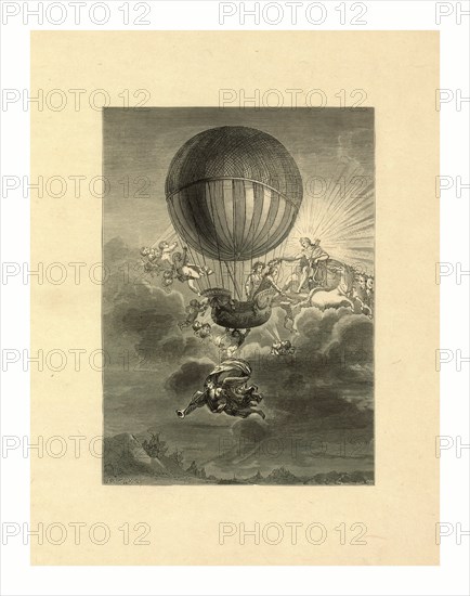 French balloonist Jacques Alexandre César Charles receiving a wreath from Apollo, while cherubs and an angel surround his balloon, E.A. Tilly, sc.,  1788.