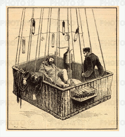View of journalist Joseph Crocé-Spinelli, naval officer Henri Sivel, and Gaston Tissandier in the basket of the balloon, Zénith, after losing consciousness due to lack of oxygen after reaching an altitude of nearly 28,000 ft., near Paris, France, April, 1875
