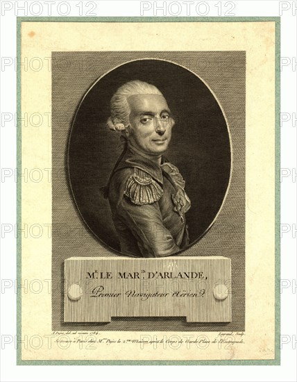 Mr. le maris. d'Arlande, first aerial navigator,  Pujos, André, 1738-1788, artist, Half-length portrait of French balloonist Marquis FranÃ§ois Laurent d'Arlande in uniform.