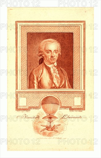 Mr. Blanchard, after nature by Mr. Bolomey , Benjamin Samuel, 1739-1819, artist, A Rotterdam : Chez M. d'Sallieth, between 1780 and 1800 , Head-and-shoulders portrait of French balloonist Jean-Pierre Blanchard. Includes image of Blanchard's balloon demonstrating his experiments with balloon navigation.