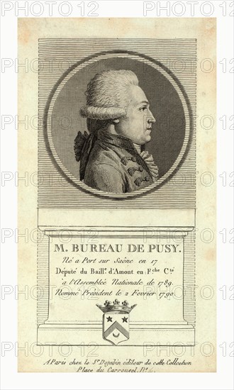 M. Bureau de Pusy Né a Port sur SaÃ´ne en 17[...], député du Baille d'Amont en fche cté Ã  l'assemblée nationale de 1789, nommé président le 2 fevrier 1790, Paris : Chez le Sr. Dejabin, éditeur, between 1790 and 1850 , Head-and-shoulders profile portrait of Jean Xavier Bureaux de Pusy. Chez le Sr. Dejabin, éditeur de cette collcetion [sic], [between 1790 and 1850]