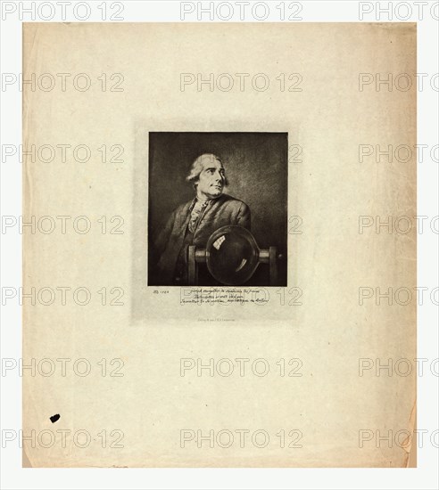 Half-length portrait of French balloonist Joseph Montgolfier, with a glass chamber related to his experiments with gas for balloon flight.
