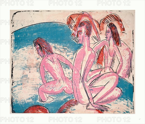 Ernst Ludwig Kirchner, Three Bathers by Stones (Drei Badende an Steinen), German, 1880  1938, 1913, lithograph in pink, blue, red, and black