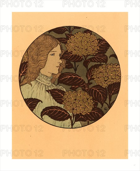 Eugene Grasset, Roundel Portrait of a Girl, French, 1841  1917, lithograph in green, black, and gold