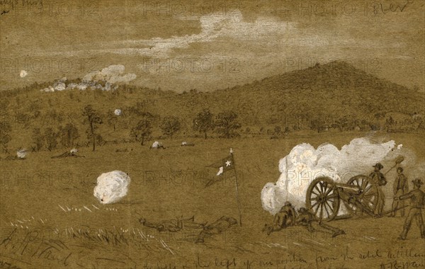 Gettysburg. View of the hills on the left of our position from the Rebel artillery, last Rebel shot, 1863 between July 1 and 3, drawing on green paper pencil and lead white, 14.9 x 23.5 cm. (sheet), 1862-1865, by Alfred R Waud, 1828-1891, an american artist famous for his American Civil War sketches, America, US