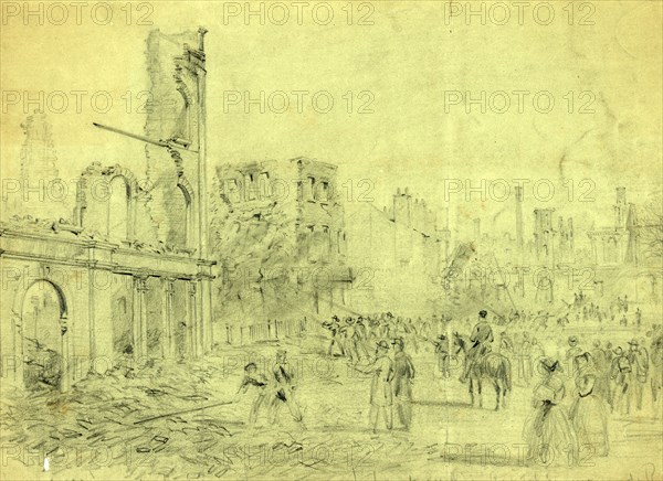 Richmond Firemen pushing down the remains of the burnt dwellings Capital Square, 1865 ca. April, 1862-1865, by Alfred R Waud, 1828-1891, an american artist famous for his American Civil War sketches, America, US, drawing, 1862-1865, by Alfred R Waud, 1828-1891, an american artist famous for his American Civil War sketches, America, US